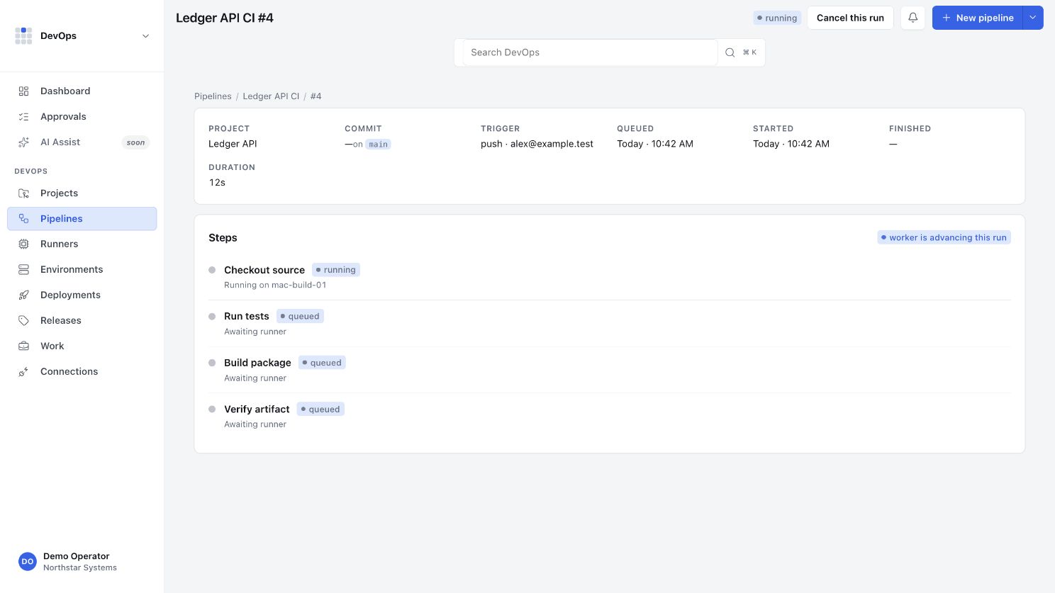 DevOps app workspace with fictional Northstar sample data
