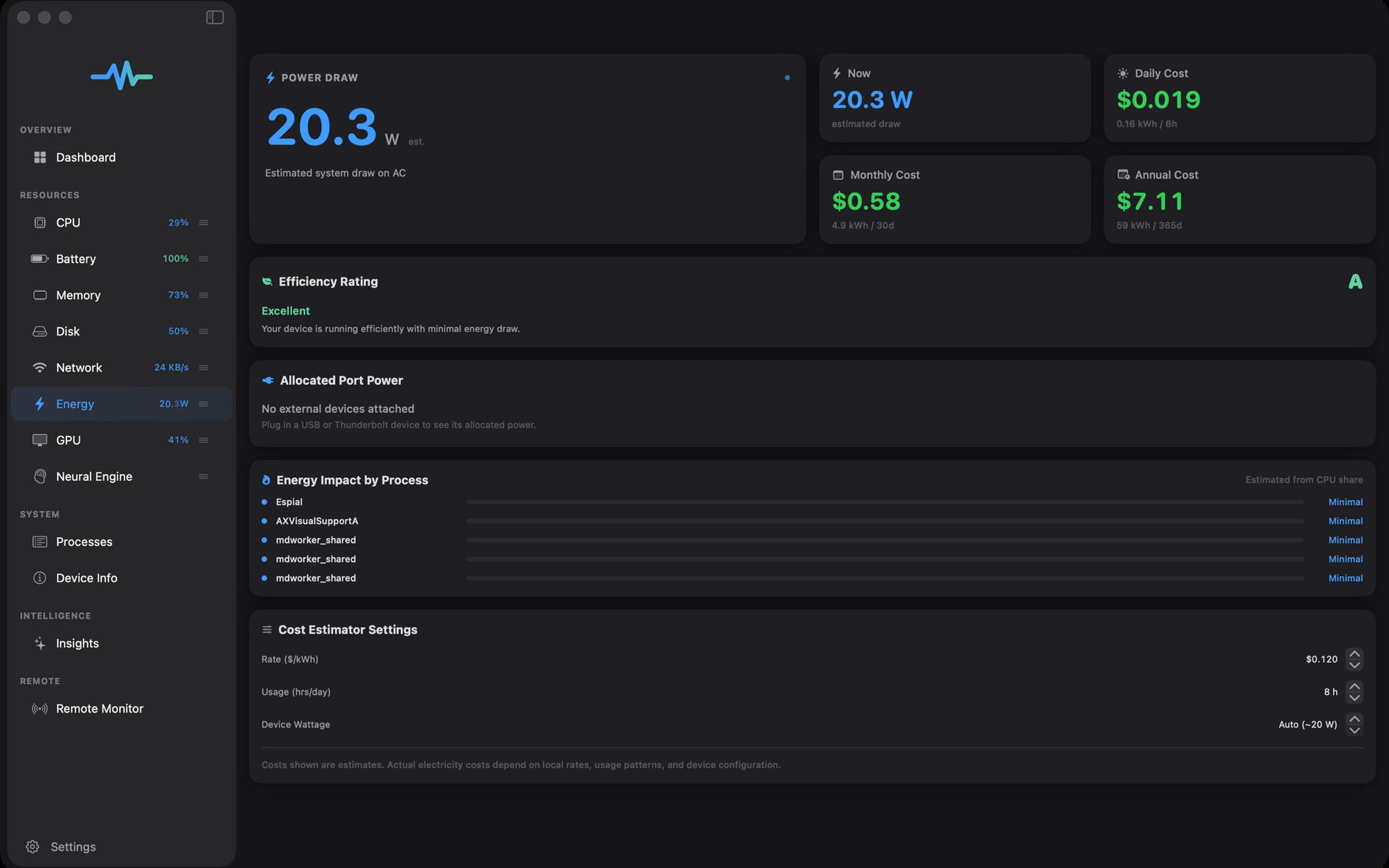 Espial’s Energy screen on Mac: 20.3 watts of power draw with daily, monthly, and annual running cost, an A efficiency rating, and energy impact by process